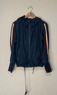 Zyia Active Jacket Womens M Blue Hooded Windbreaker Rainbow Zip Athletic